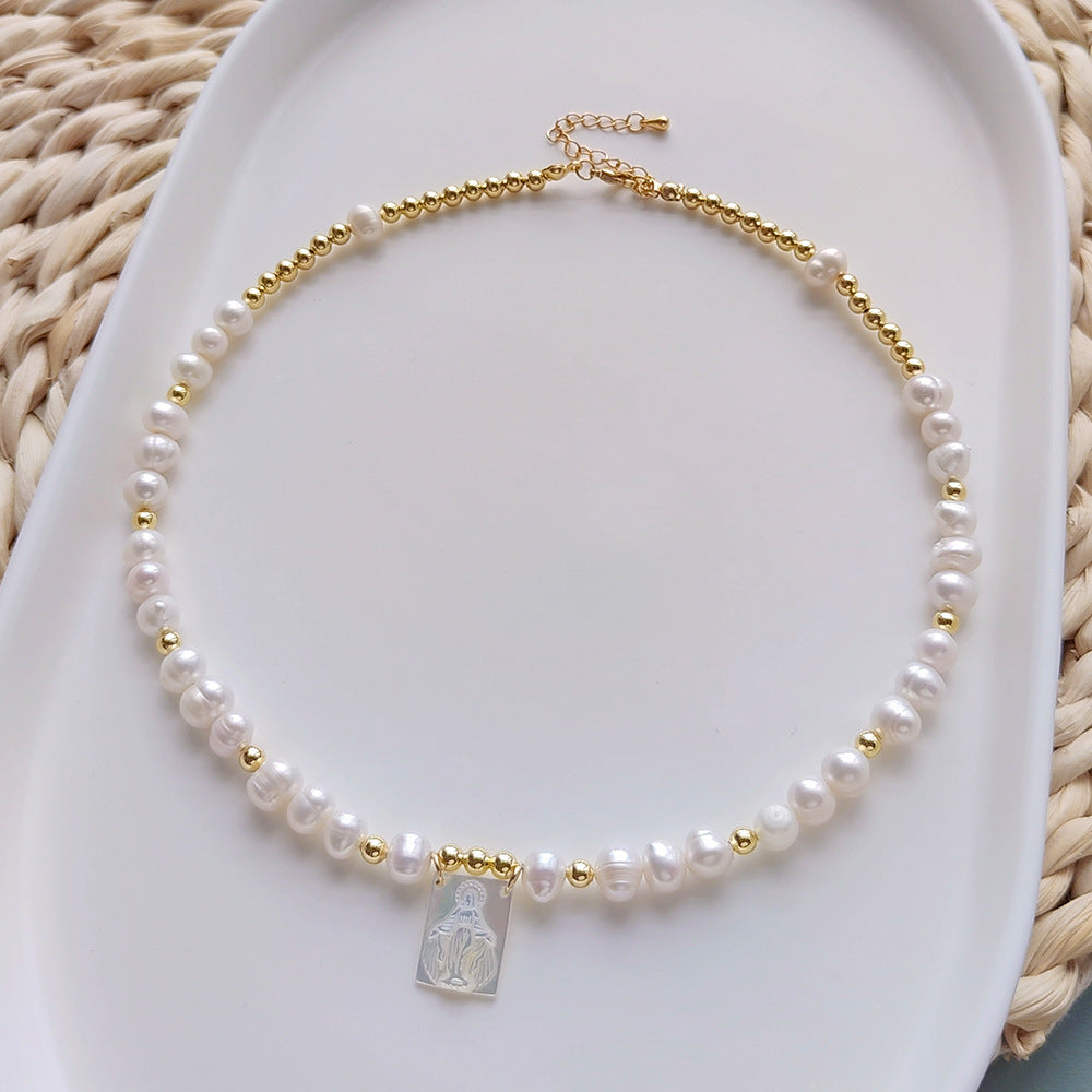 Elegant Portrait Faith Freshwater Pearl Shell Copper 18k Gold Plated