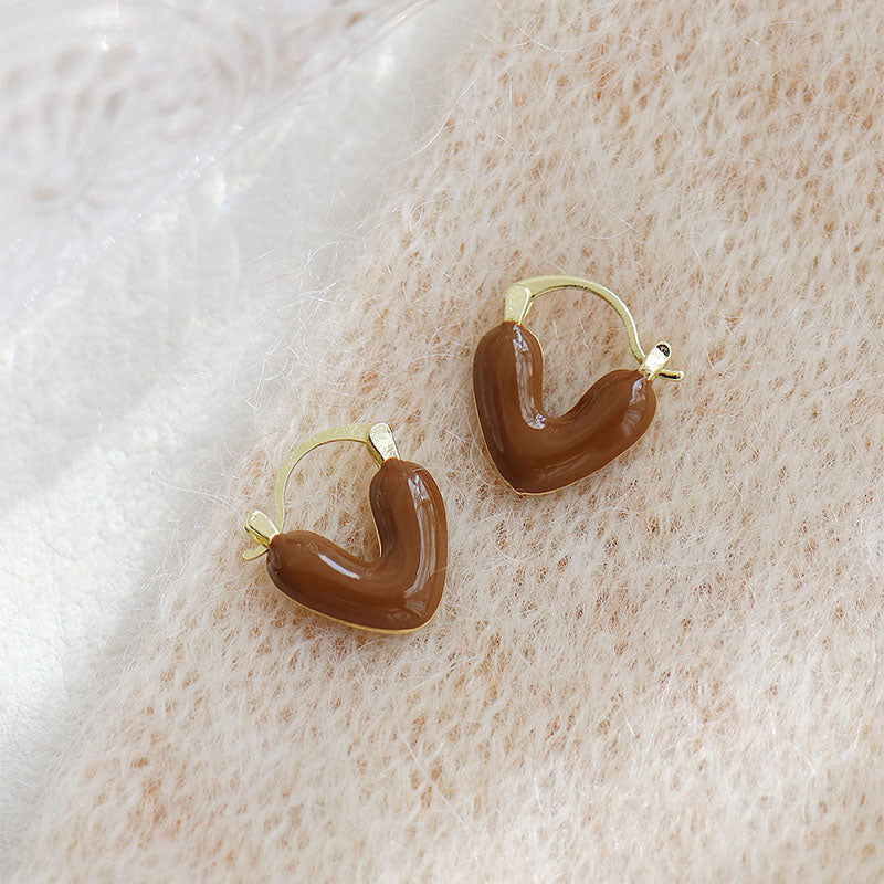Heart Shape Alloy Gold Plated Plating Hoop Earrings- coffe