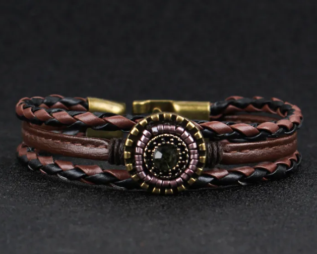 Retro Geometric Pu Leather Alloy Seed Bead Layered Inlay Rhinestones Unisex Bangle