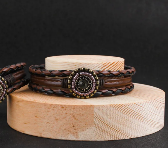 Retro Geometric Pu Leather Alloy Seed Bead Layered Inlay Rhinestones Unisex Bangle