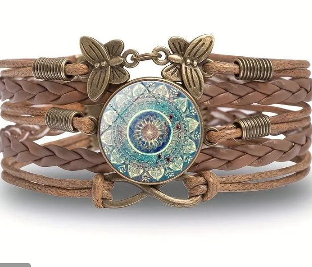 Retro Ethnic Style Bohemian Infinity Flower Butterfly -green bracelet