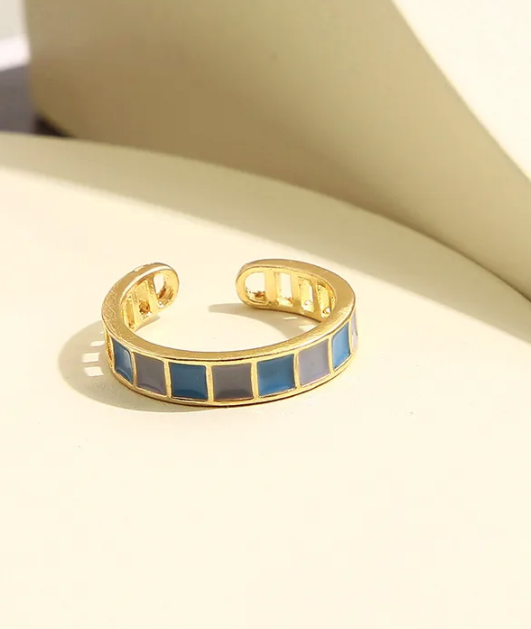 Gold Plated Women's Open Ring-blue gems