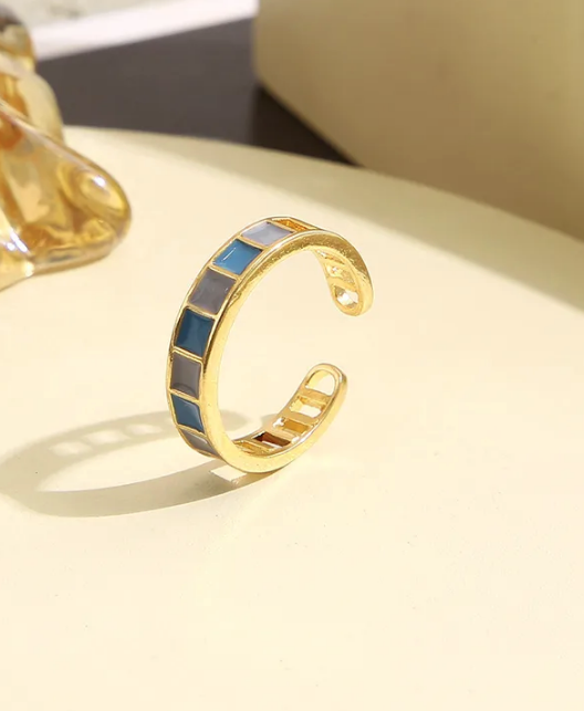 Gold Plated Women's Open Ring-blue gems