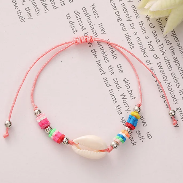 Beach Shell Rope Shell Soft Clay Knitting Bracelets- pink